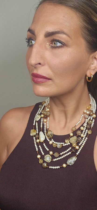 Pearl, Citrine & Agate Multi-Strand Necklace by Rajola