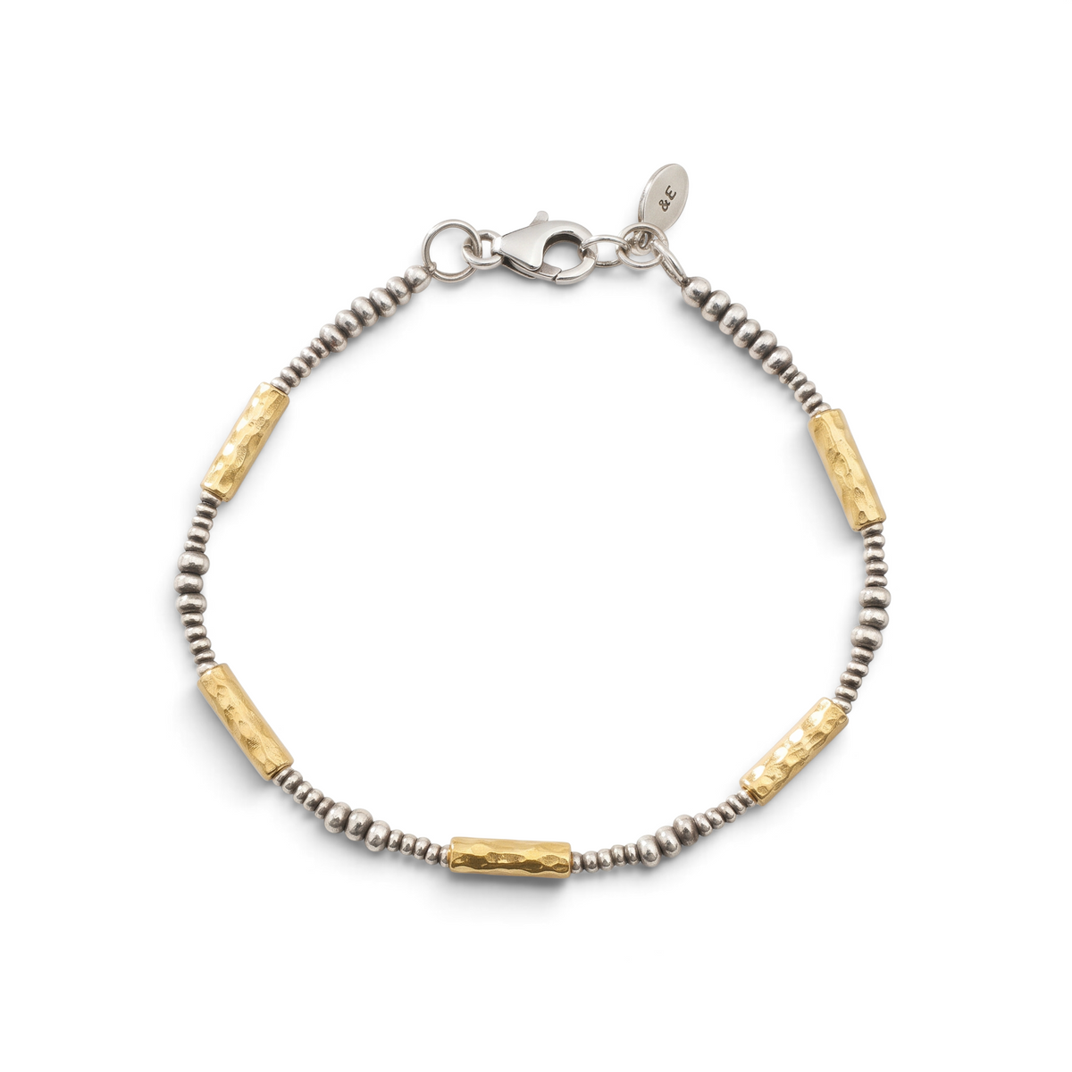 Trebor Style mixed metal bracelet featuring hammered 14K gold vermeil tube beads and polished sterling silver rounds.