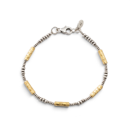 Trebor Style mixed metal bracelet featuring hammered 14K gold vermeil tube beads and polished sterling silver rounds.