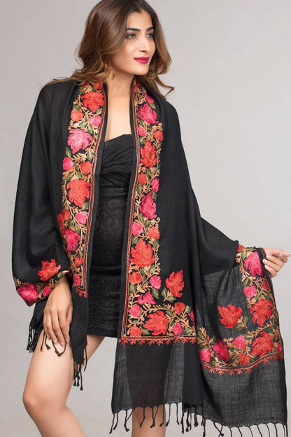 Black Taj Embroidered Wool Shawl