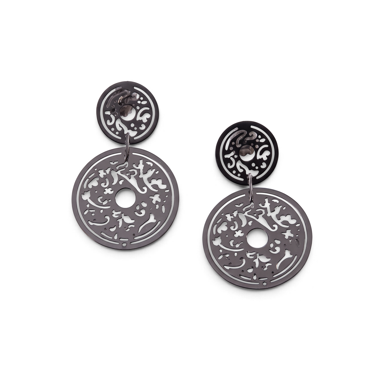 Trebor Style oxidized sterling silver filigree drop earrings with laser-cut double oval discs on posts.