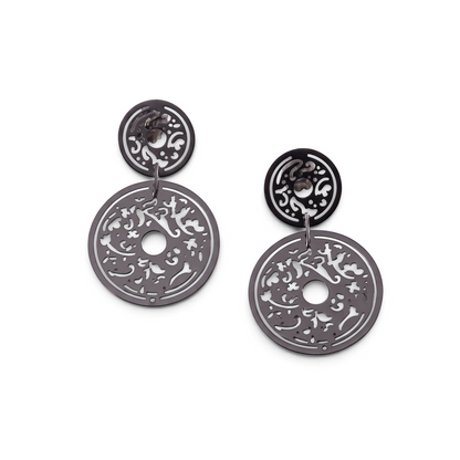 Trebor Style oxidized sterling silver filigree drop earrings with laser-cut double oval discs on posts.