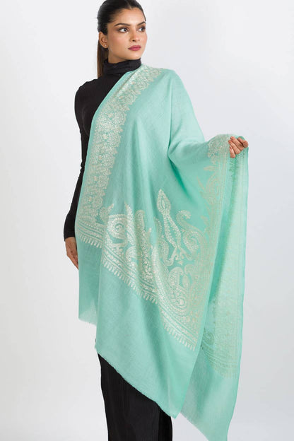 Geeta Embroidered Wool Shawl in Aqua & Ivory