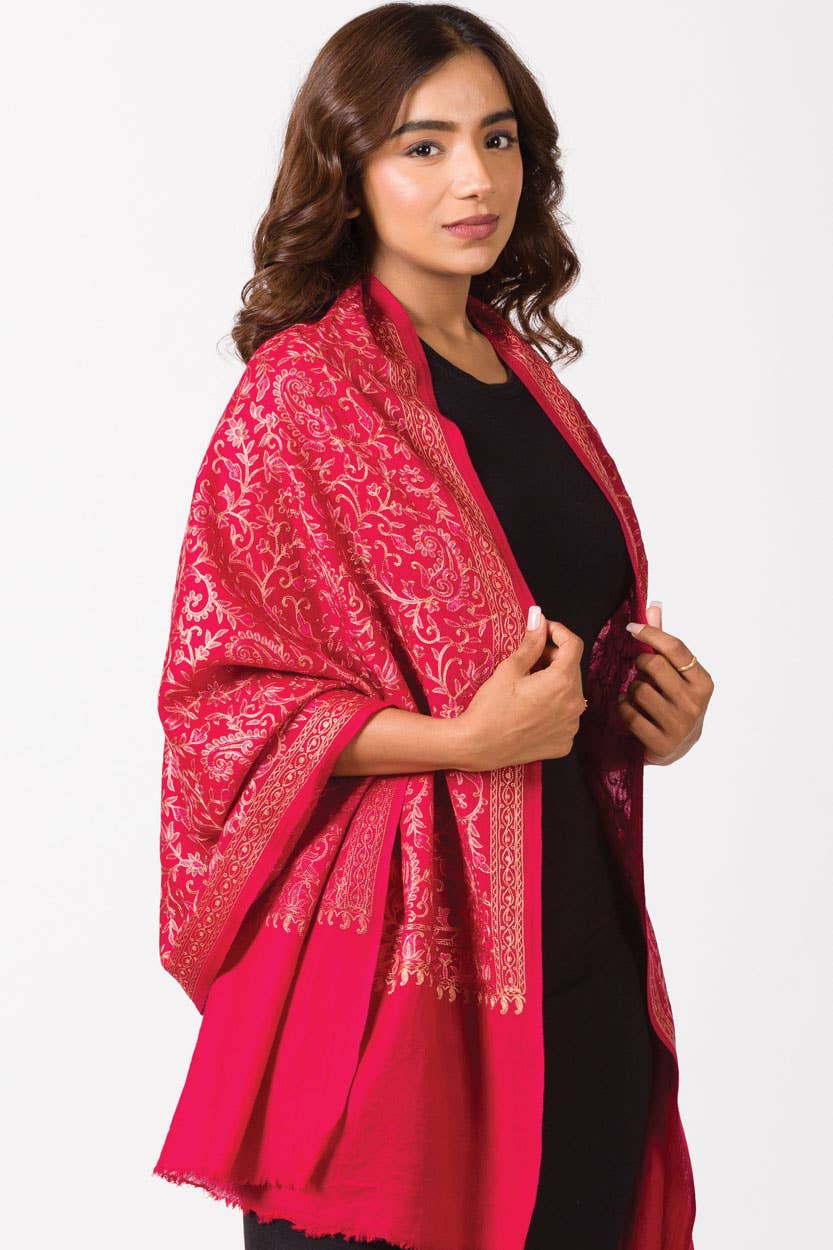 Paisley Embroidered Wool Shawl: Ruby