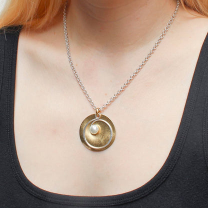 Hammered Disc Spiral Necklace with White Pearl