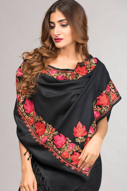 Black Taj Embroidered Wool Shawl