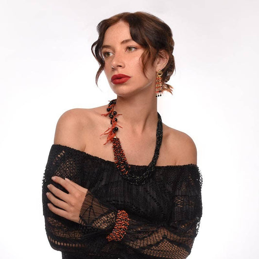 Louise Coral & Black Onyx Chandelier Earrings