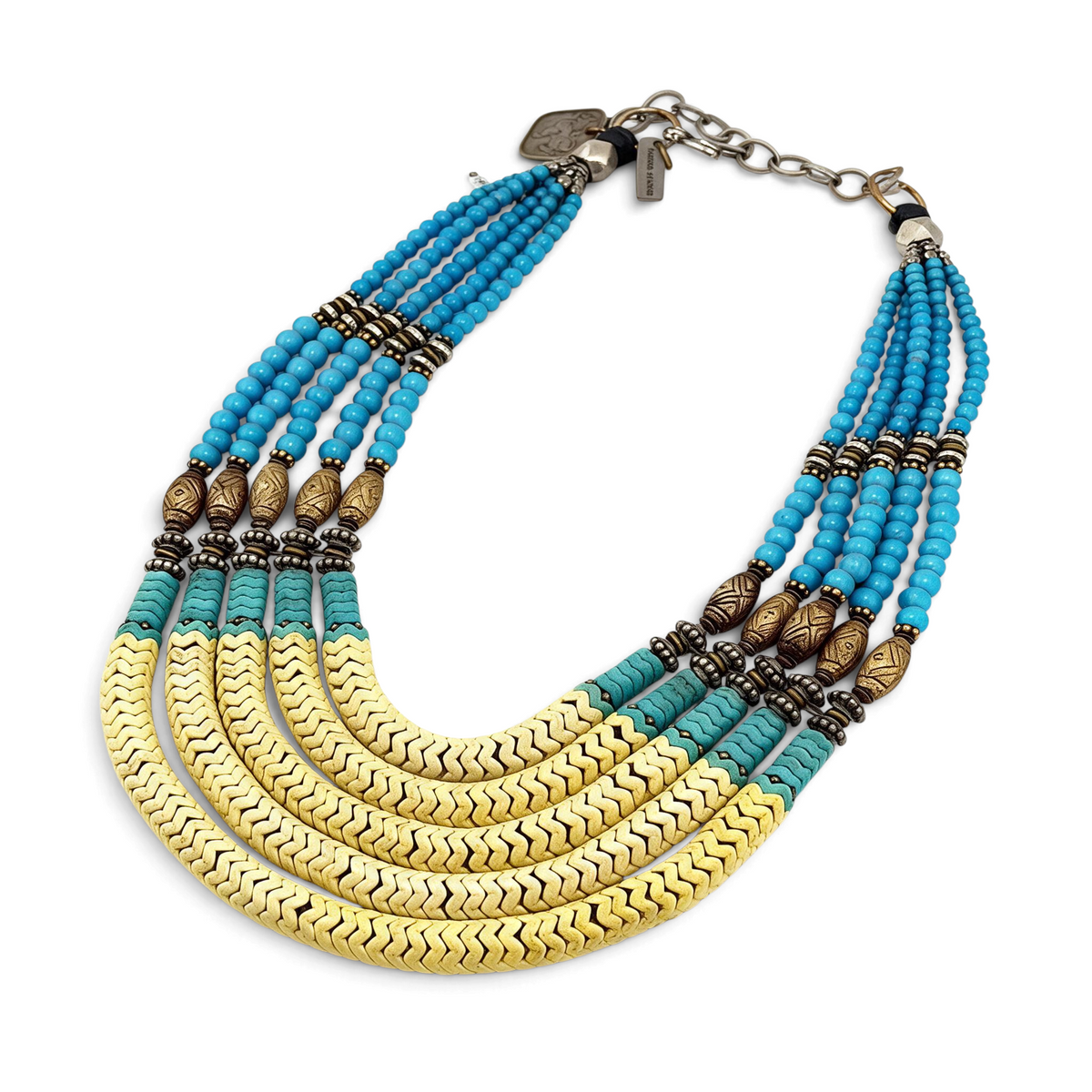 Trebor Style Masha Archer 5-strand statement necklace with yellow and blue glass snake beads and gold-washed spacers.