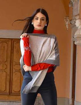 “Edgy” Roma Poncho, Cashmere Blend, Heather Blue with Navy Edge