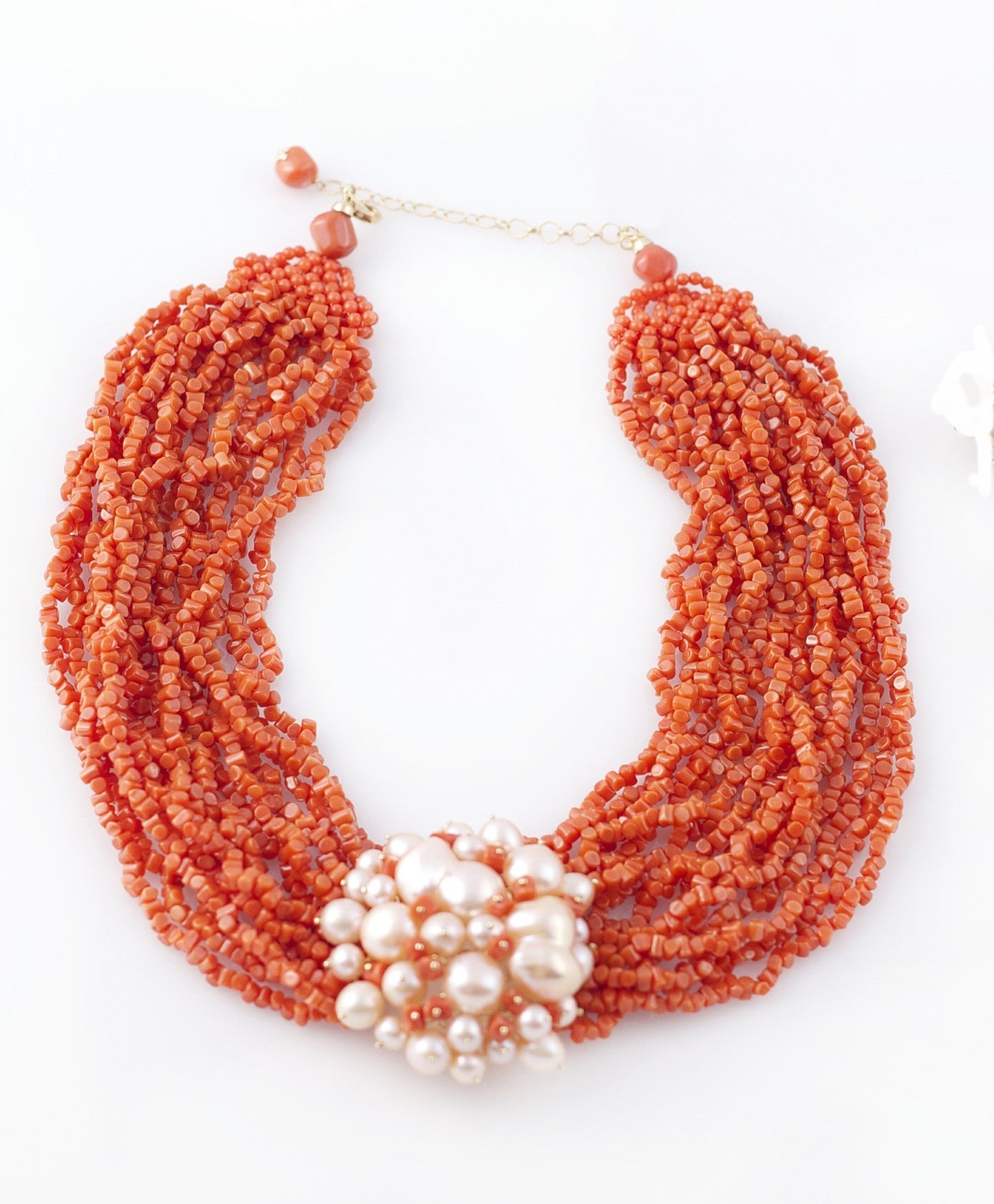 Multi-Strand Sciacca Coral Necklace with Pearl Cluster