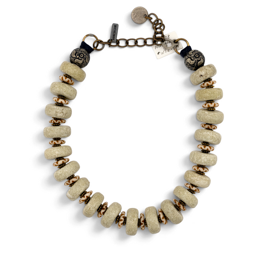 Trebor Style Masha Archer white tomb jade wreath necklace with ox bone spacers, silver alloy beads, and kopek coin.