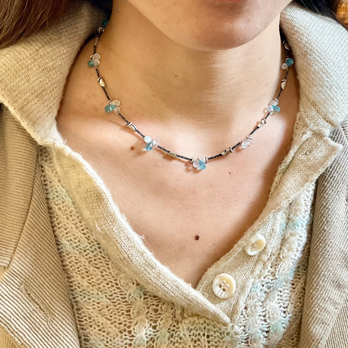 Silver Half Moon Petal Necklace in Blue Topaz