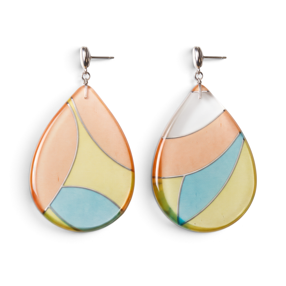 Trebor Style handmade teardrop earrings featuring pastel orange, yellow, and blue silk encased in clear acrylic.