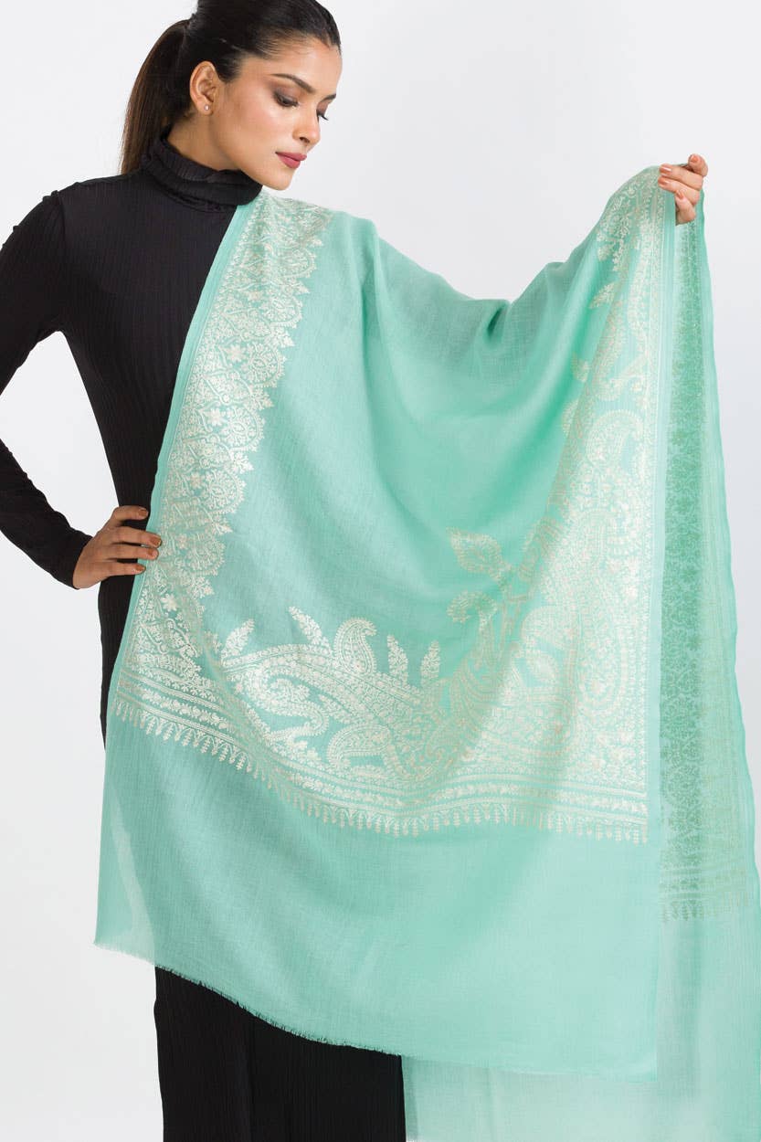 Geeta Embroidered Wool Shawl in Aqua & Ivory