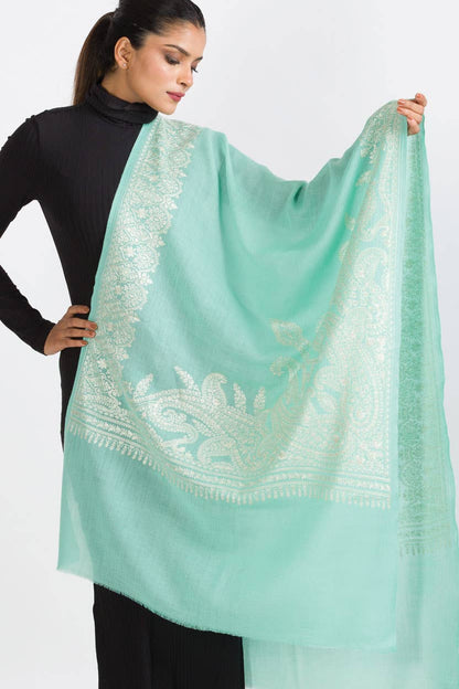 Geeta Embroidered Wool Shawl in Aqua & Ivory