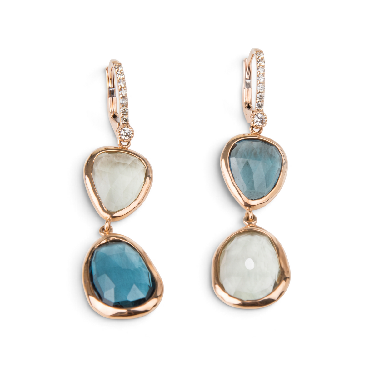 Blue Topaz, Green Amethyst & Diamond Gemstone Drop Earring, 18K Gold
