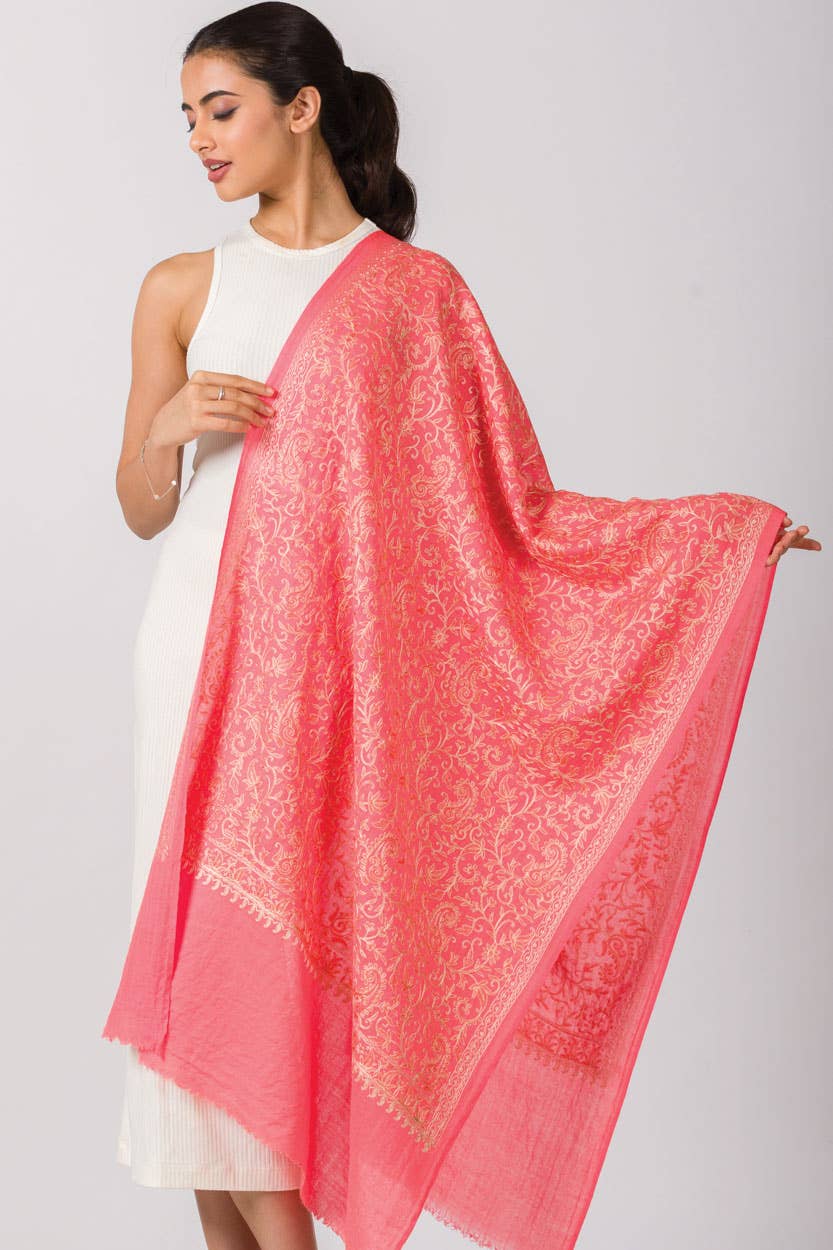 Paisley Embroidered Wool Shawl in Pink Opal