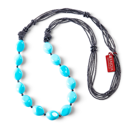 Trebor Style long necklace with large faux turquoise beads and multi-strand gray hematite accents, handcrafted in Italy.