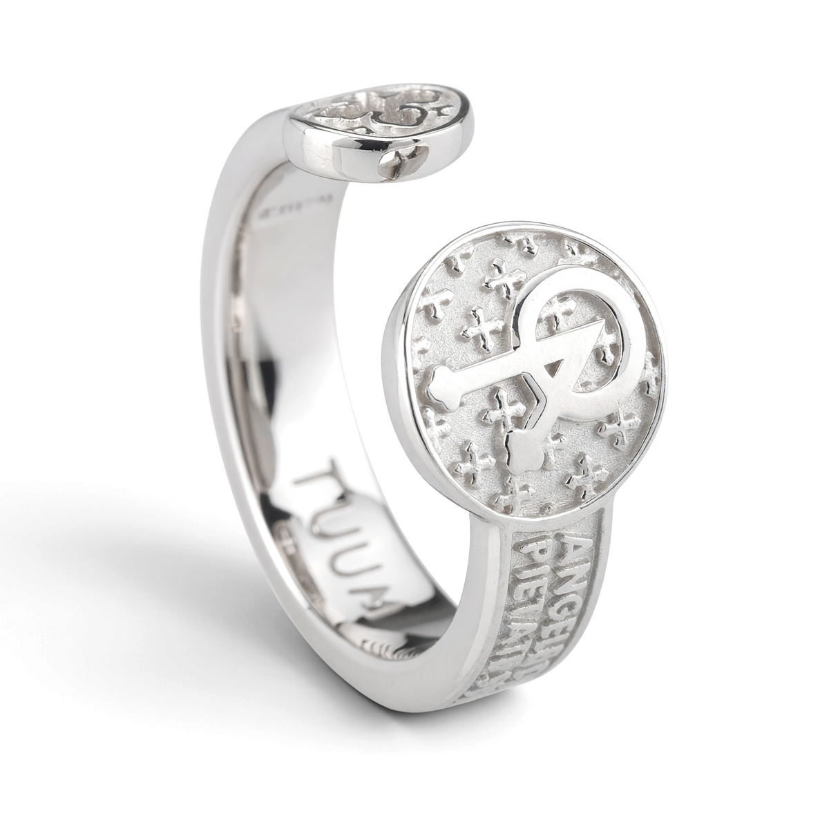 Trebor Style TUUM Infinituum angel ring in white rhodium plated 925 sterling silver with Latin prayer relief