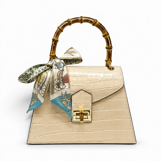Luxury Italian Crocco Leather Bamboo Handle Bag in Ivory