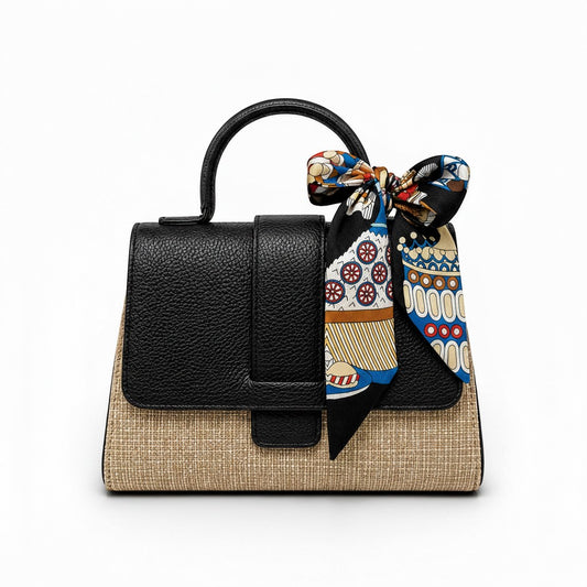 Black Italian Leather and Raffia Top Handle Crossbody Handbag
