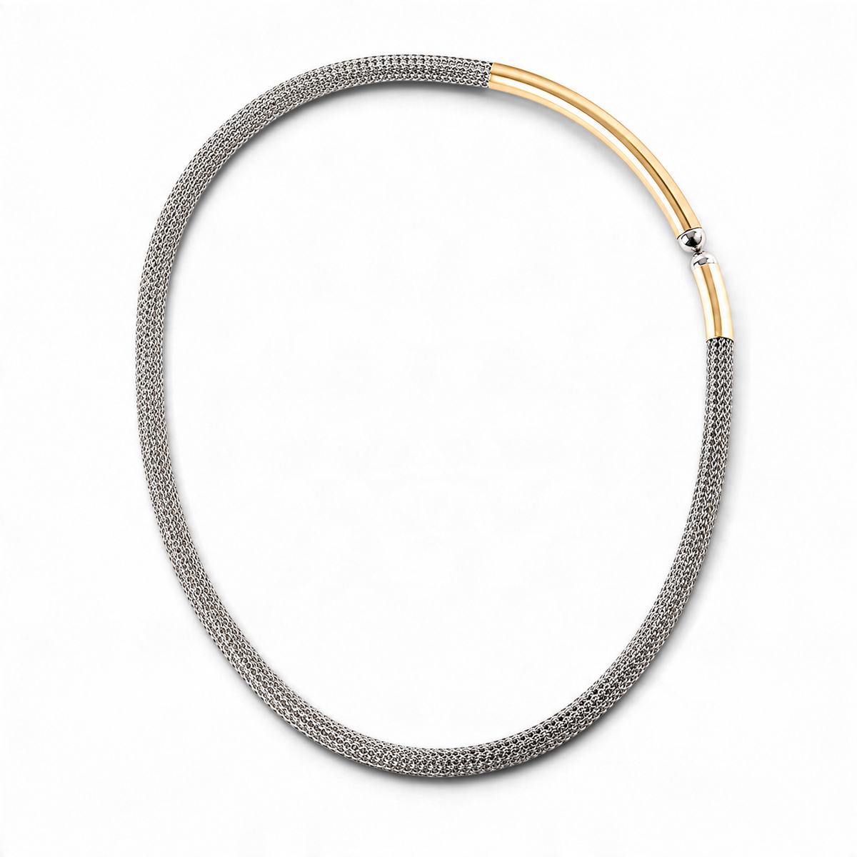 Trebor Style two-tone sterling silver and 14k gold plated mesh chain necklace with a magnetic closure