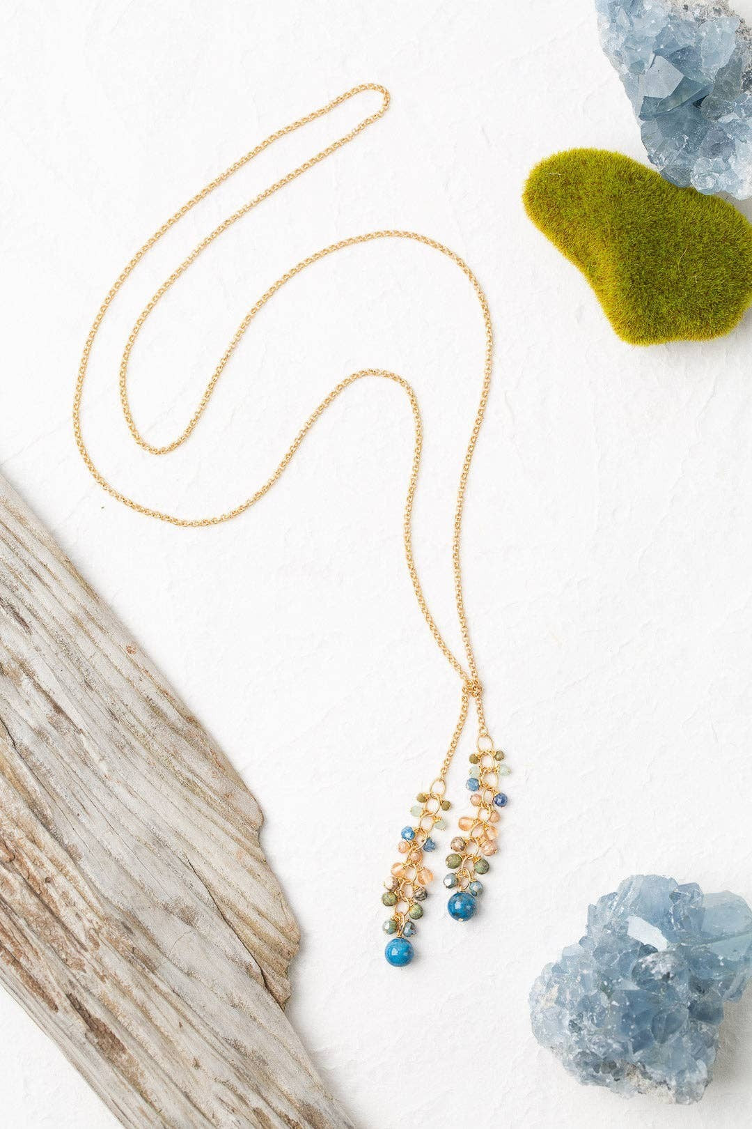 Waterfall Lariat Necklace with Czech Glass, Crystal & Kyanite Cluster, 31.5"