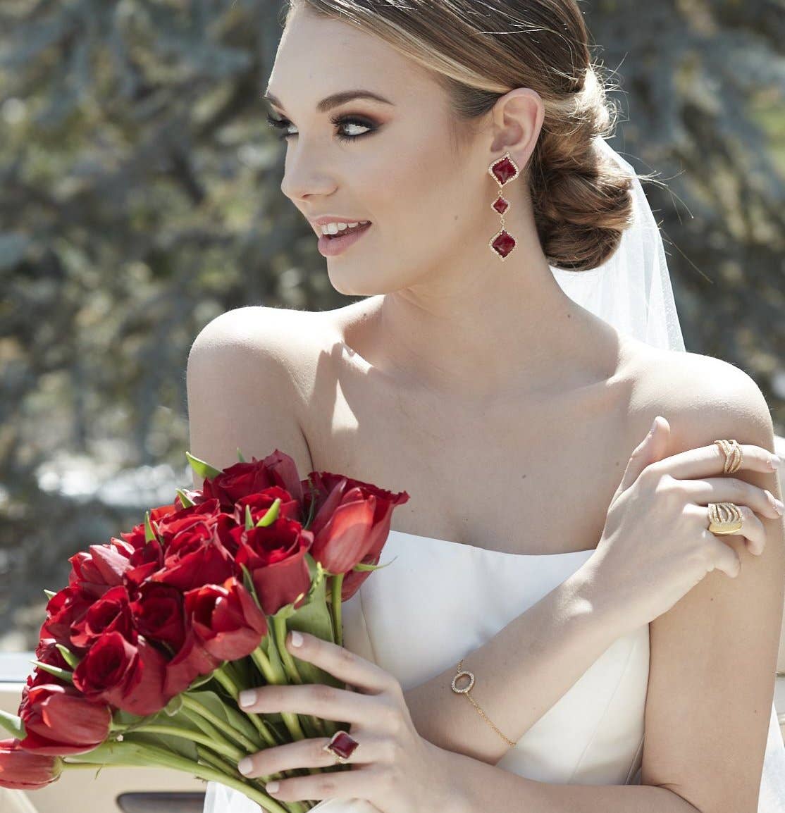 Gold Petals Garnet & White Zircon Chandelier Earrings