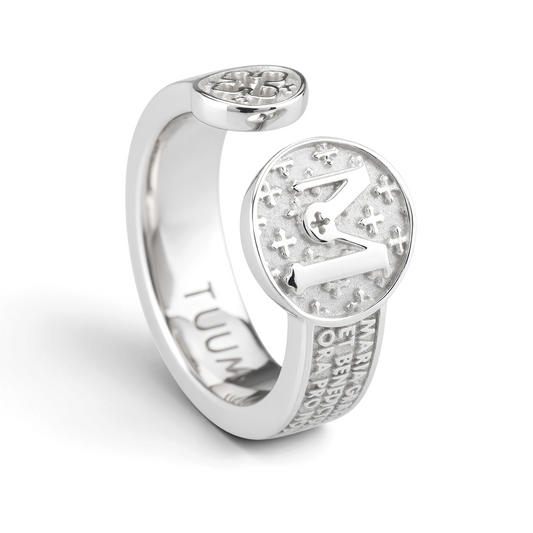 Trebor Style TUUM Infinituum Mater ring in white rhodium plated sterling silver with Latin Ave Maria relief engraving.