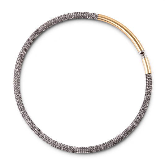 Trebor Style two-tone sterling silver mesh necklace with 14k gold plated accents and magnetic closure.