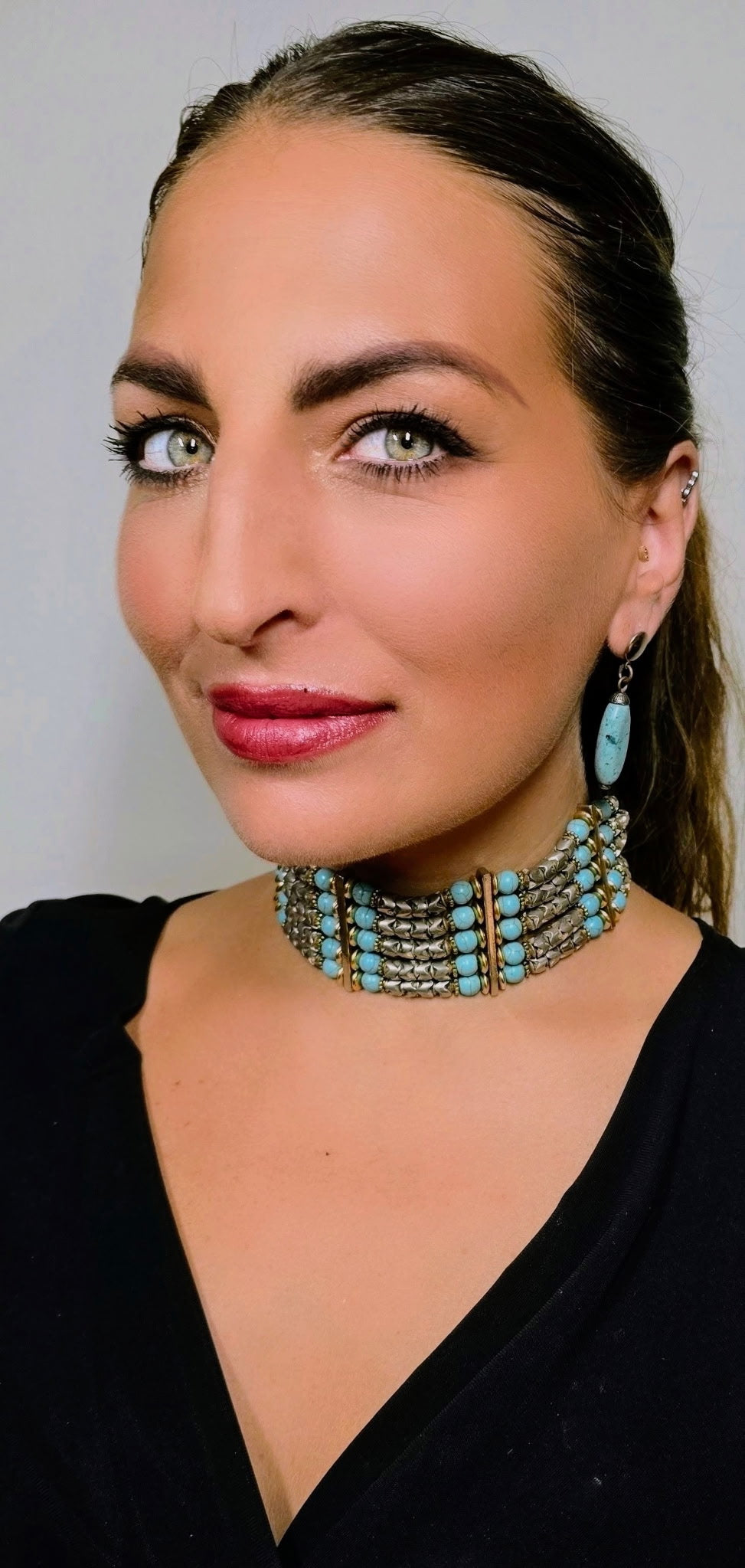 Five Strand Turquoise & Silver Choker Necklace by Masha Archer