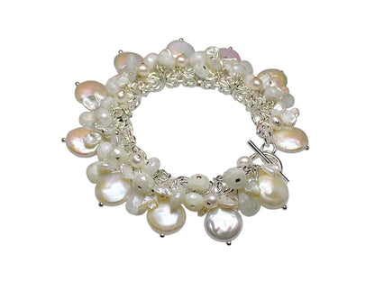 White Sapphire & Coin Pearl Charm Bracelet in Sterling Silver