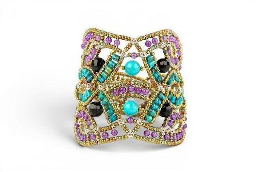 Ziio's Blue Turquoise & Amethyst Gemstone Net Cuff Bracelet