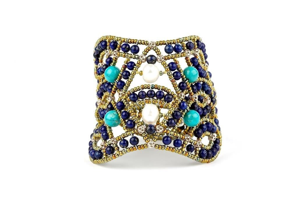 Ziio's Lapis, Turquoise & Pearl Net Cuff Bracelet
