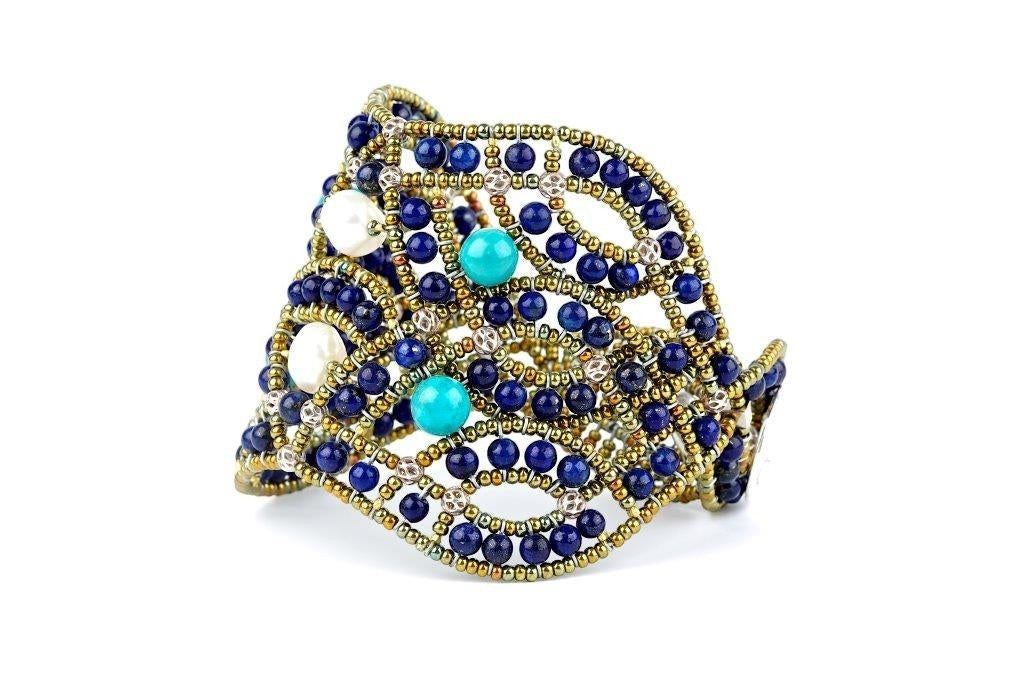 Ziio's Lapis, Turquoise & Pearl Net Cuff Bracelet view 2