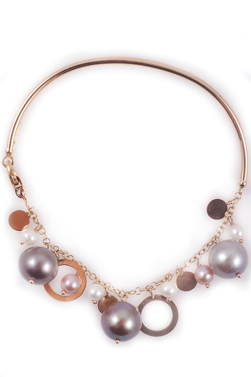Grey, Pink & White Pearl Charm Bangle Bracelet, 18k Gold