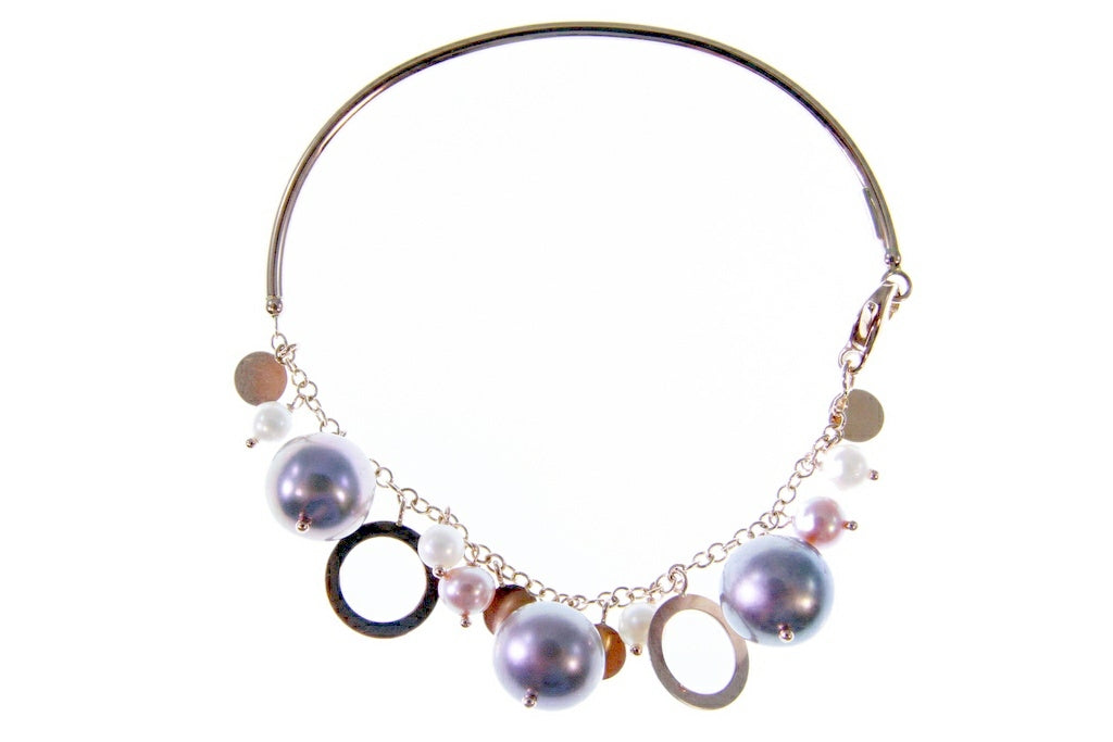 Grey, Pink & White Pearl Charm Bangle Bracelet, 18k Gold view 2
