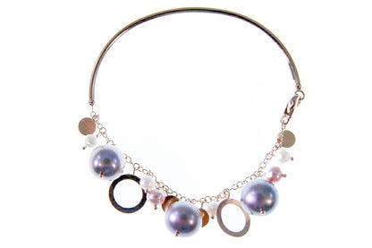 Grey, Pink & White Pearl Charm Bangle Bracelet, 18k Gold view 2