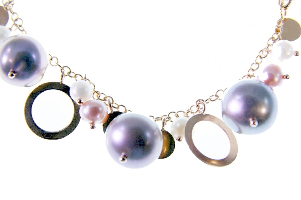 Grey, Pink & White Pearl Charm Bangle Bracelet, 18k Gold view 3