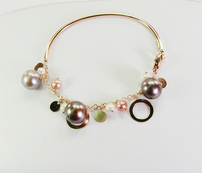 Grey, Pink & White Pearl Charm Bangle Bracelet, 18k Gold view 4