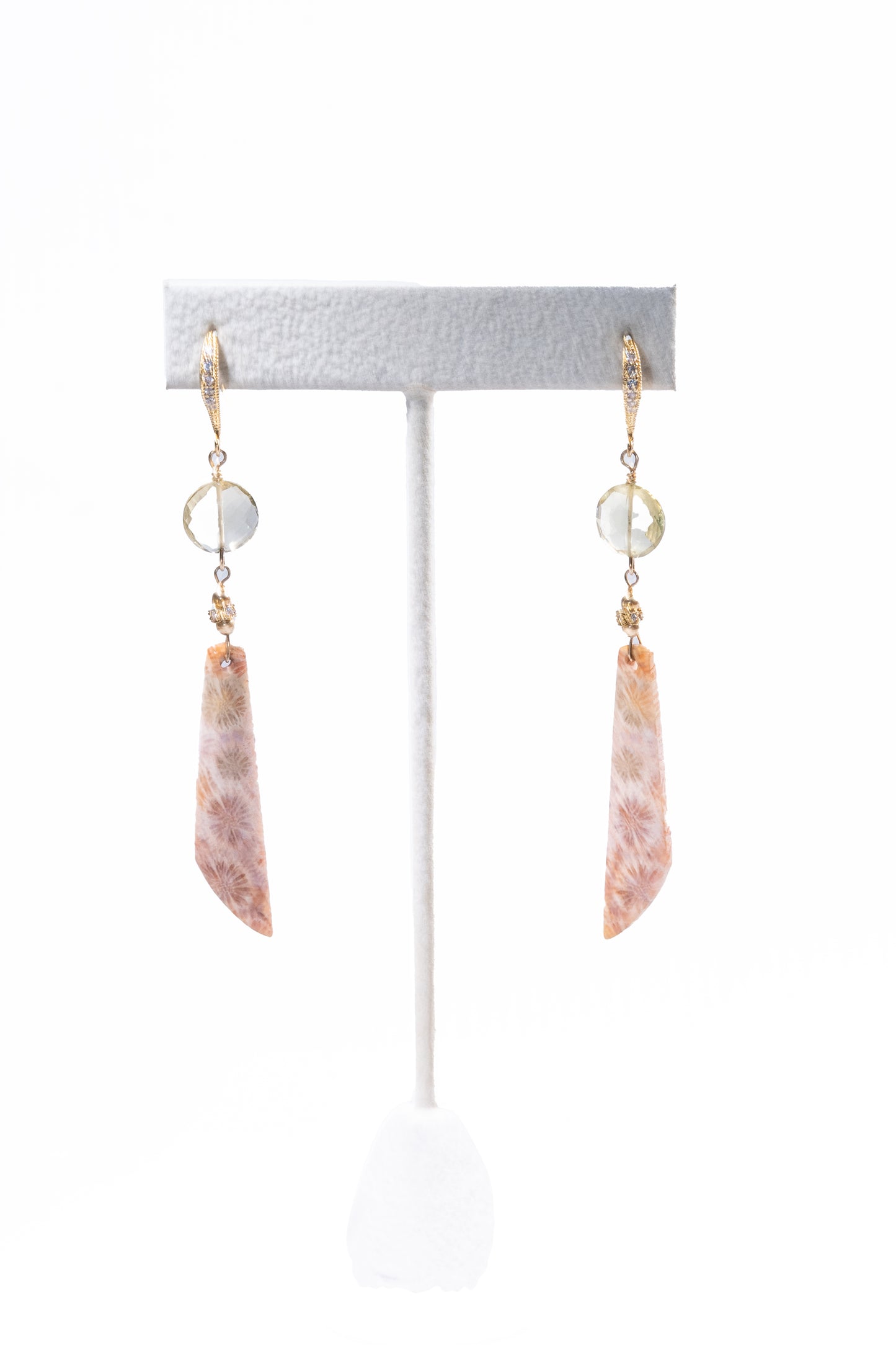 Crystal Quartz and Fossil Coral Drop Earrings