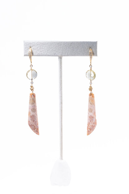 Crystal Quartz and Fossil Coral Drop Earrings