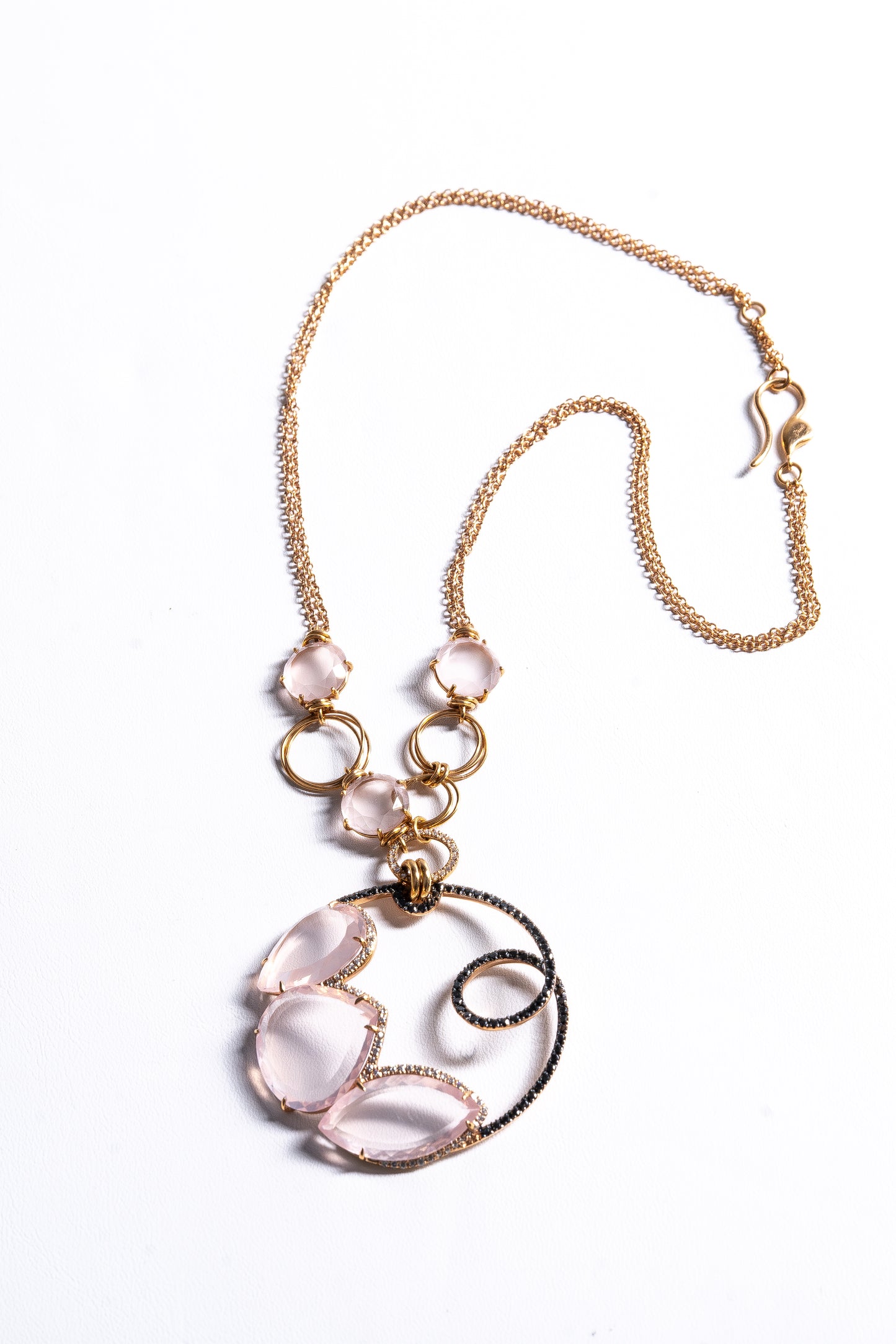 Designer Pink Quartz & Diamond Pendant Necklace in 18K Gold