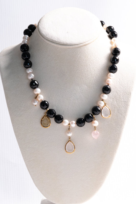 Black Onyx & Pearl Necklace with Quartz Charm Drops
