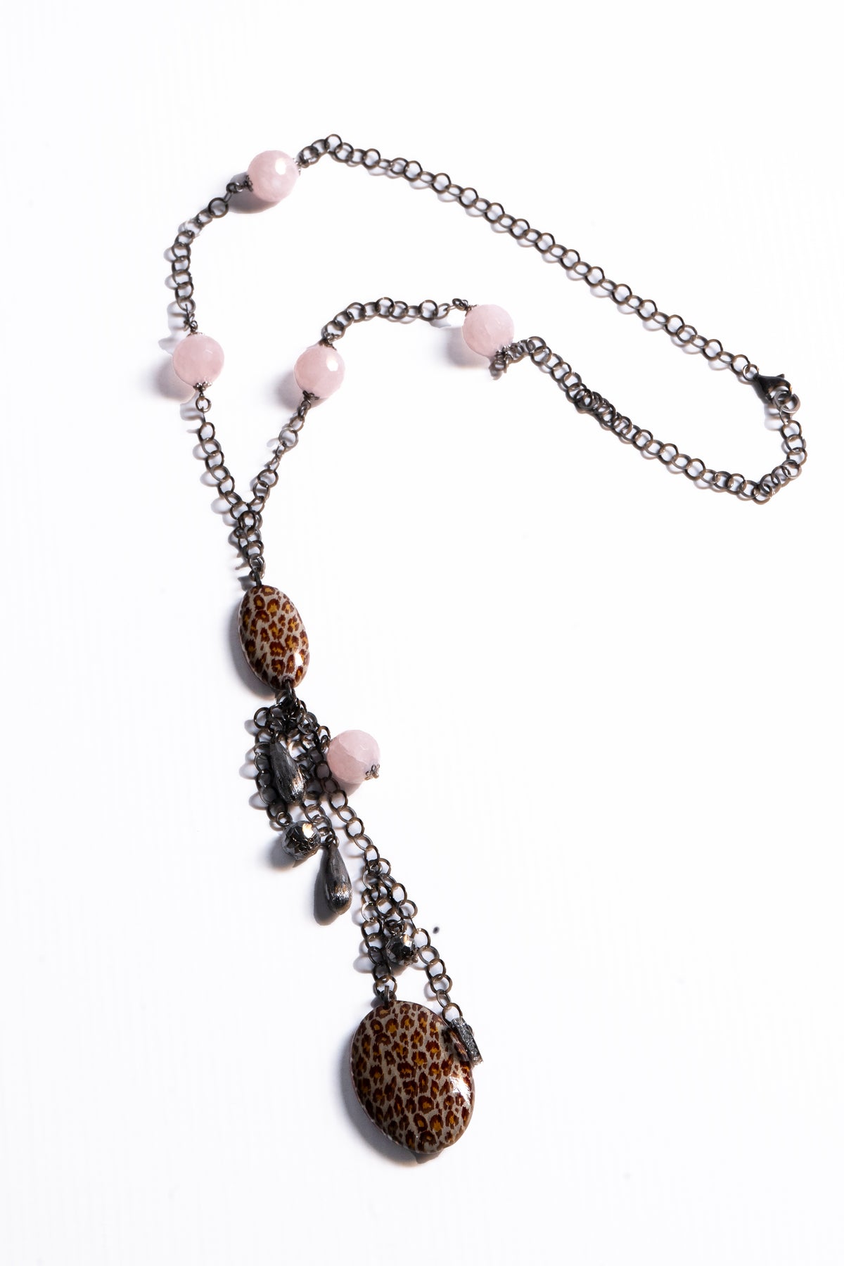 Pink Quartz Gemstone & Enamel Bead Y-Necklace with Tassel