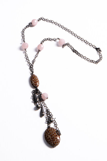 Pink Quartz Gemstone & Enamel Bead Y-Necklace with Tassel