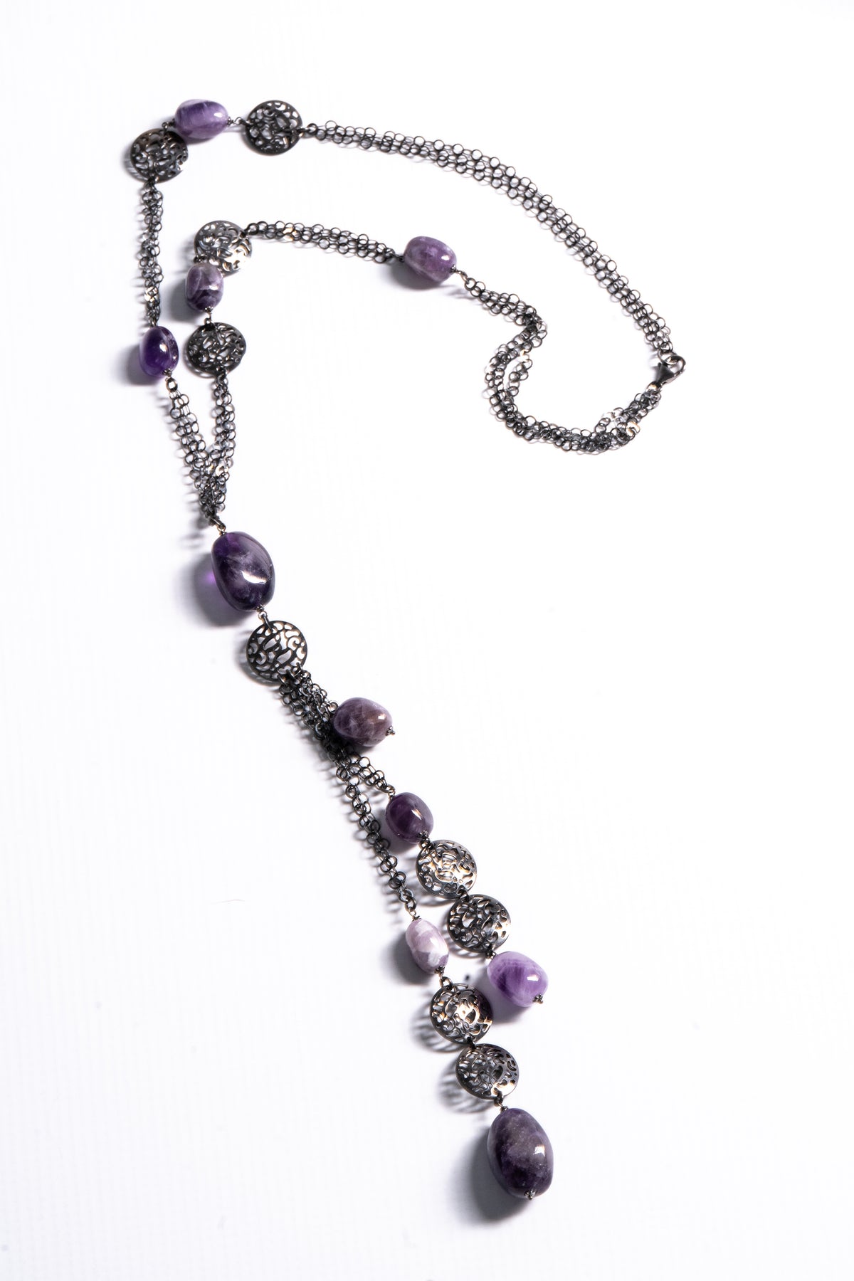 Long Dark Sterling Amethyst Gemstone Tassel Necklace