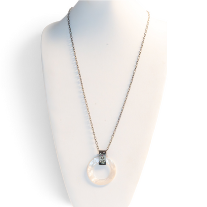 Trebor Style long necklace featuring a round Mother of Pearl disc pendant on an oxidized sterling silver chain.