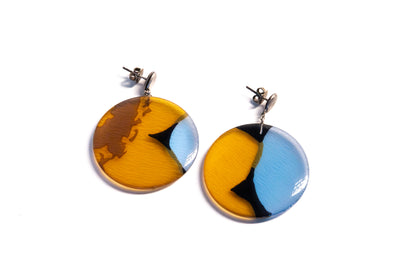 Round Acrylic Earring in Blue & Amber, Sterling Silver