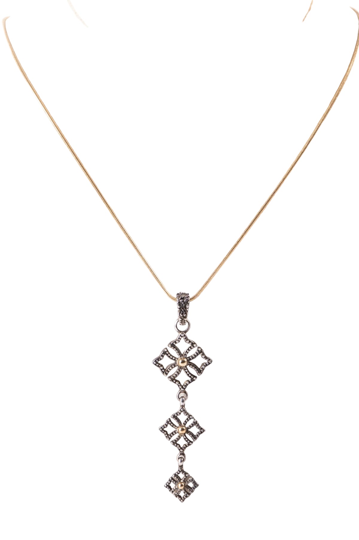 Triple Drop Pendant Necklace in Oxidized Sterling Silver & 14k Gold